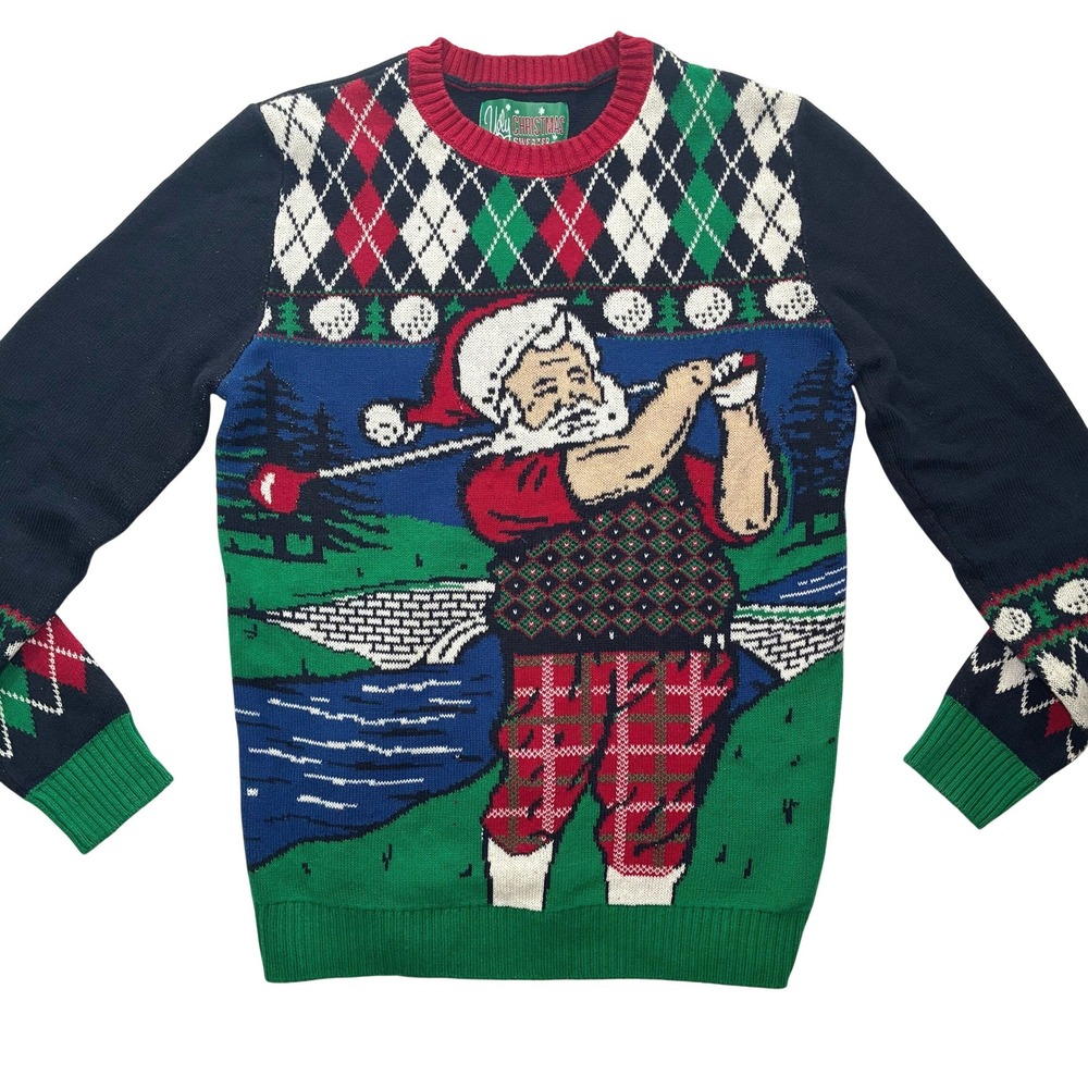 Ugly Christmas Sweater Golfing Santa Mens Med Argyle Knit Funny Holiday Party